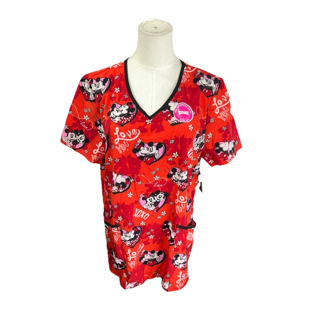 Disney Womens Mickey Minnie Mouse Scrub Top V-Neck Red Heart Large WM12T745LA